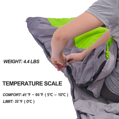 Camping Bag Weighs 4.4 lbs and is comfortable  to 41 degrees F with a limit of 32 degrees F