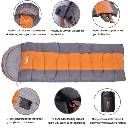 Sleeping Bag Features drawstring hood, velcro to secure zippers, opening for ventilation, small pocket, compression sack