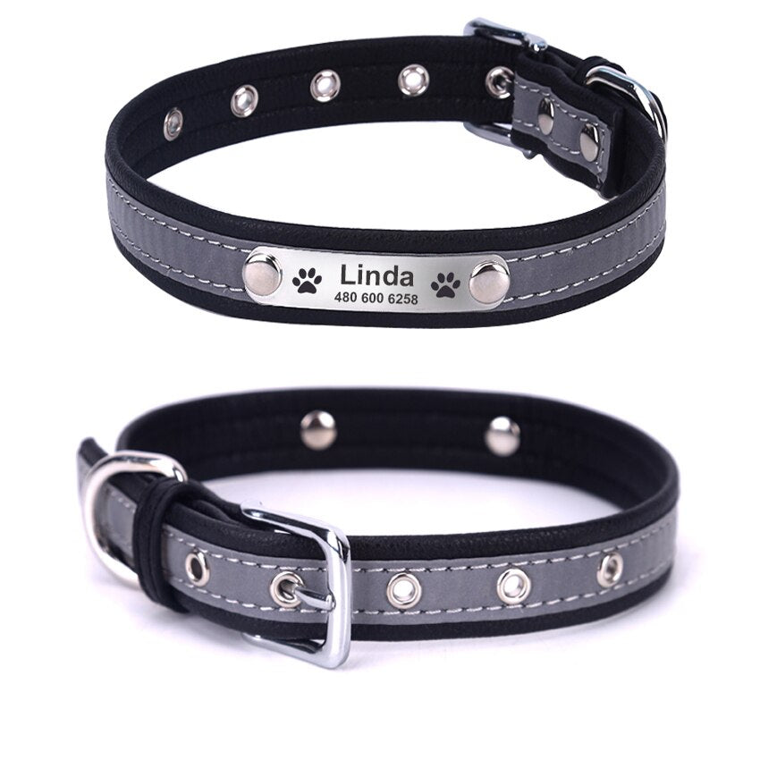 Personalized Reflective Leather ID Custom Tag Collars