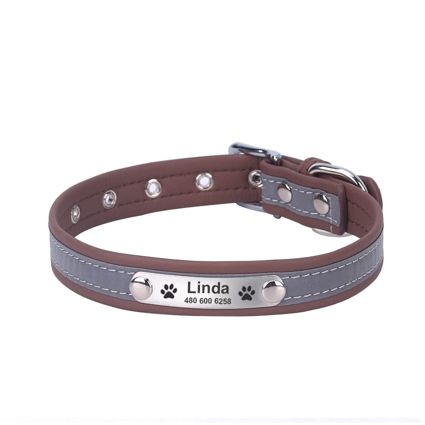 Personalized Reflective Leather ID Custom Tag Collars